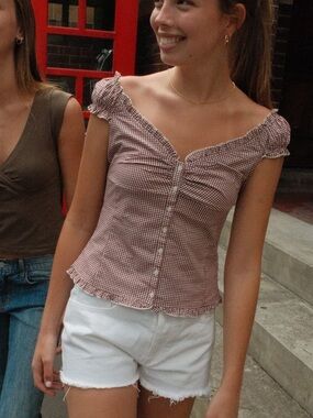 Brandy Melville Red Gingham Ruffle Button-Front Top